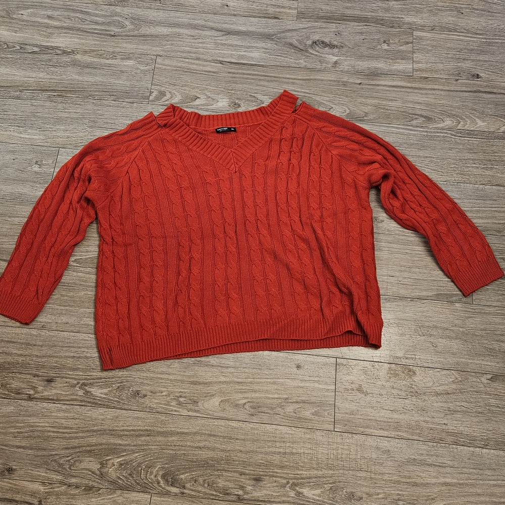 SHEIN Red‎ V-Neck Sweater with Ribbed Knit